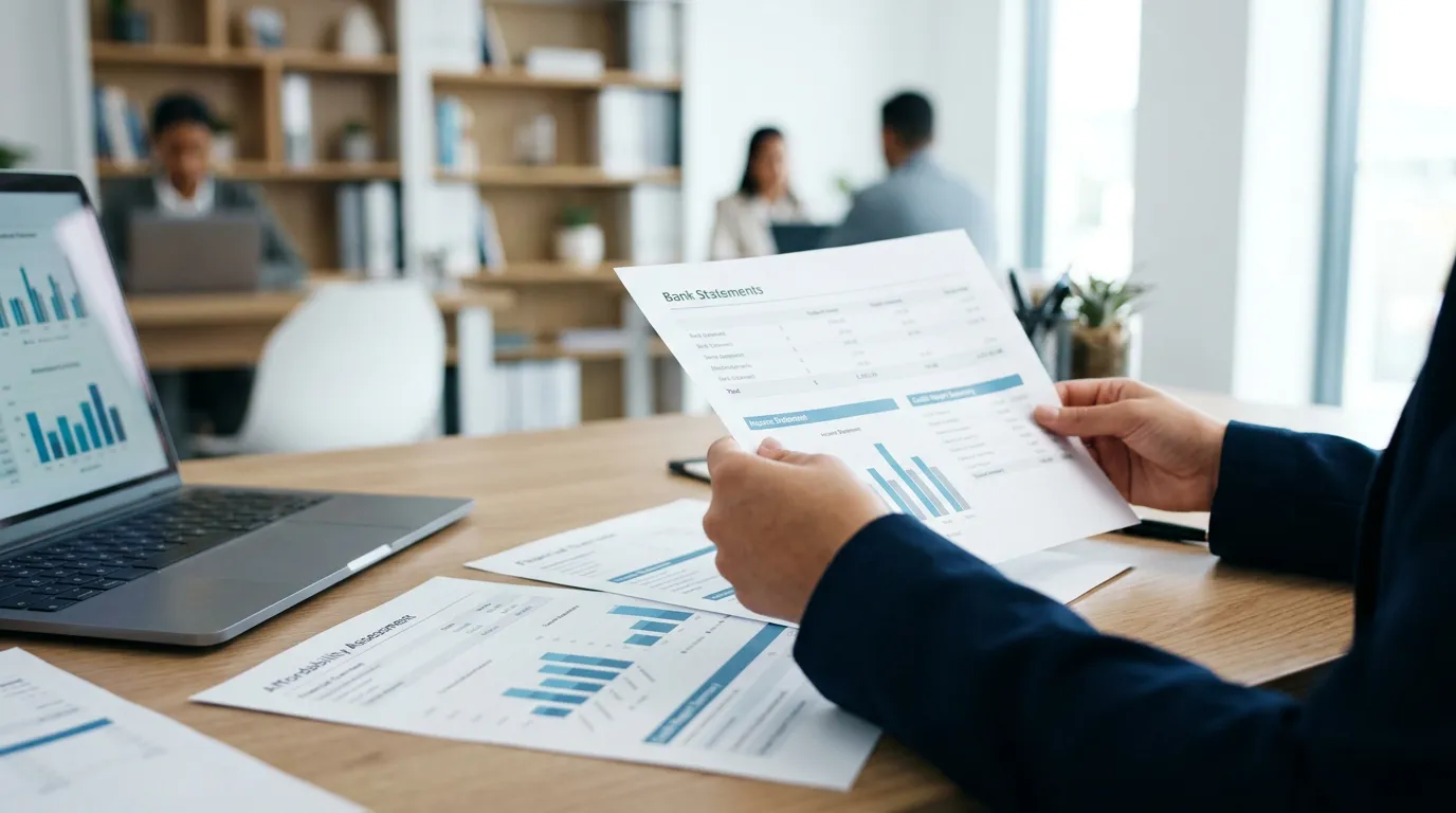 Stack of financial documents and bank statements on office desk with laptop