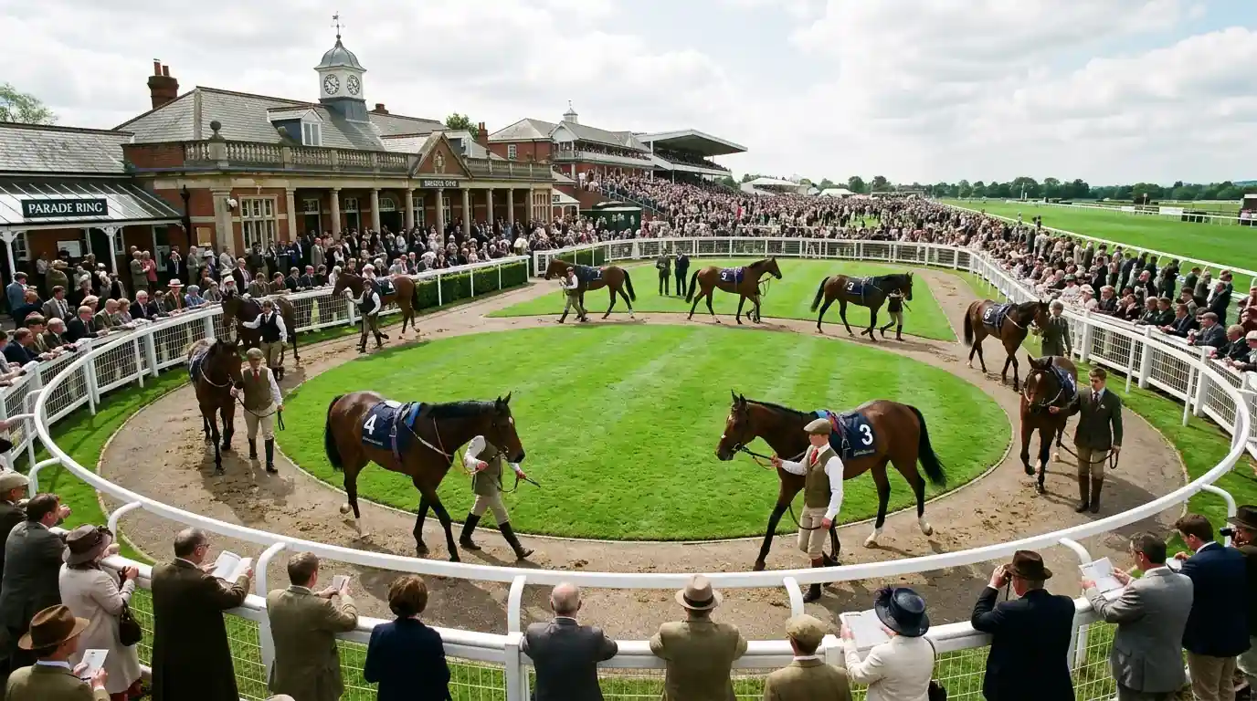 Horses parading in ring before UK flat race with trainers and handlers