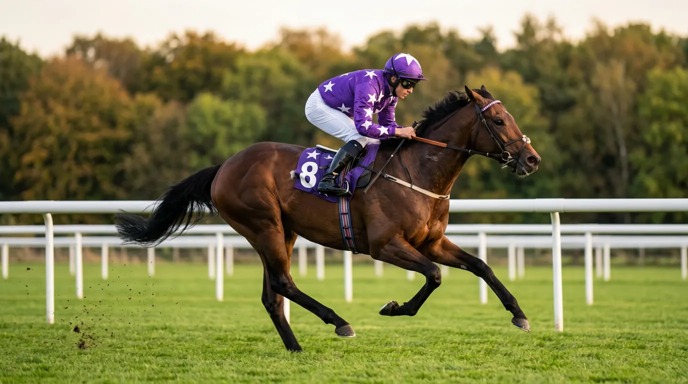 Jockey in colourful racing silks riding thoroughbred at full gallop on UK turf