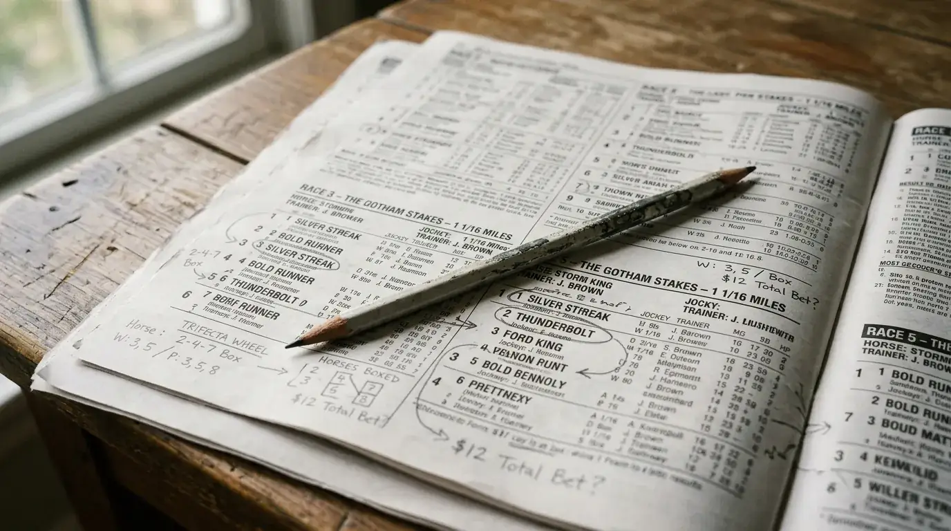 Racing form guide with pencil notations showing tricast selection strategy