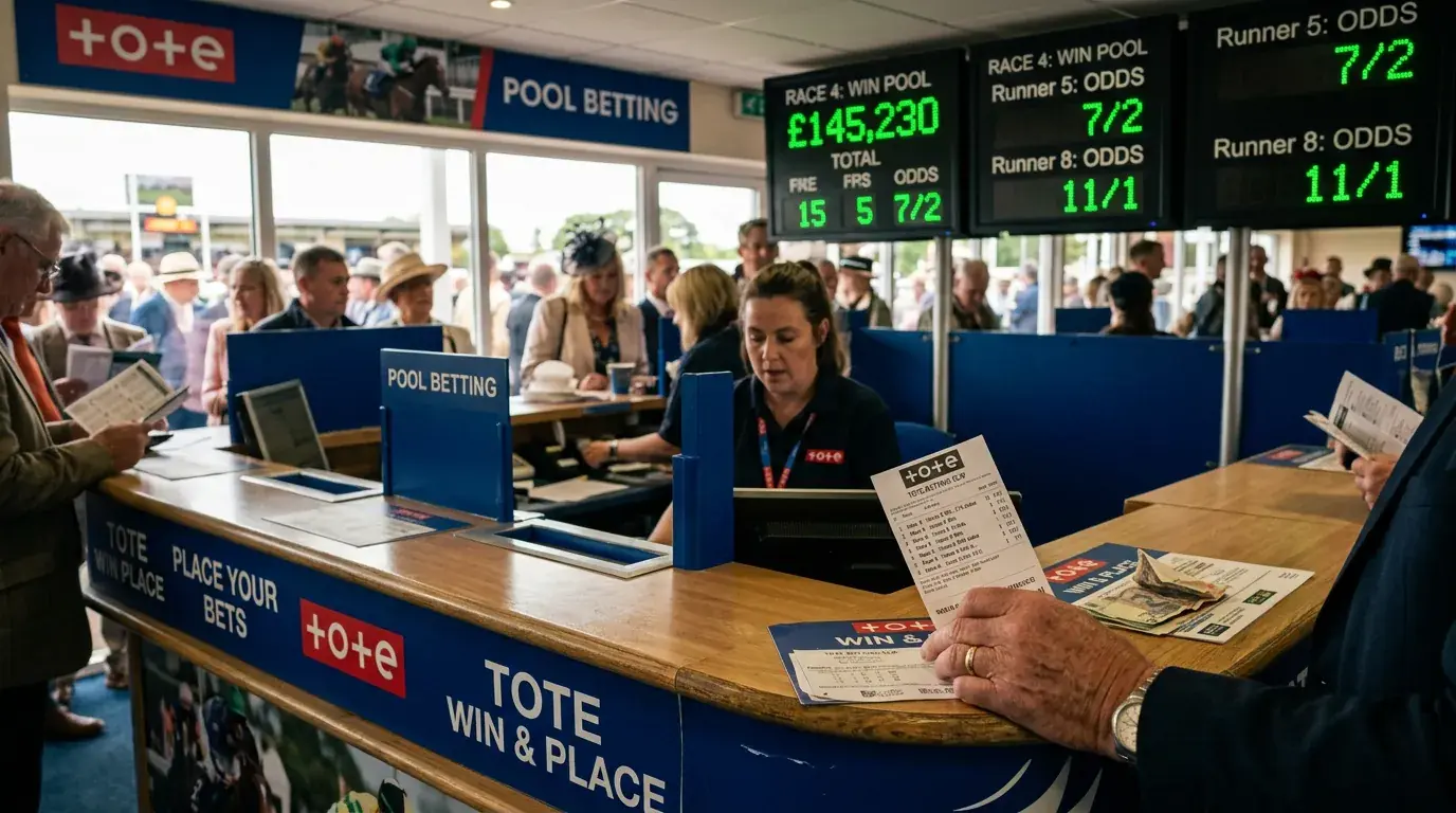 Tote betting counter at British racecourse with digital odds display